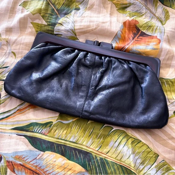 Vintage 1940s Style Clutch Purse Black Leather Handbag Pinup 40s 80s